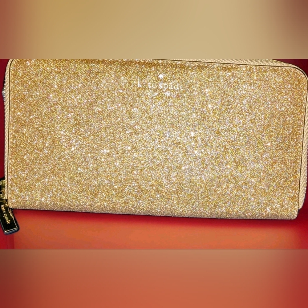 NIB, Kate Spade, Gold Glitter, Large Continental Wallet In Gift Box